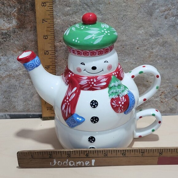 Temptations by Tara 3 Piece Ceramic Stacking Snowman Teapot Mug Cup Set - Picture 9 of 11